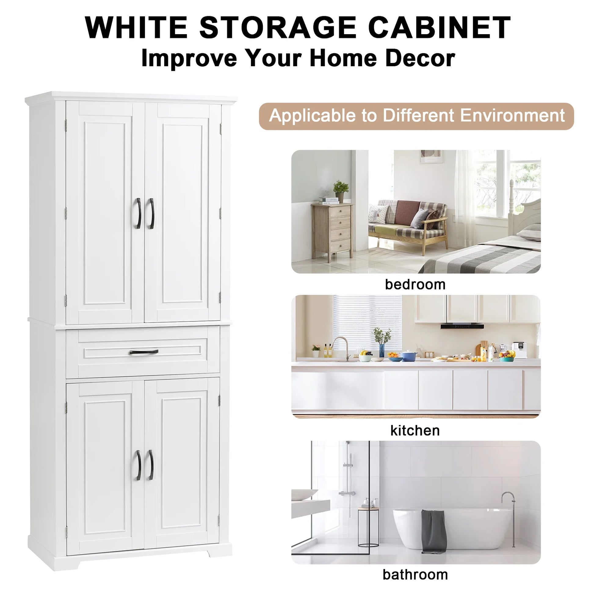 Bellemave White Tall Storage Cabinet with Adjustable Shelf Bathroom Cabinet with 1 Drawer and Storage Rack Large Freestanding Wood Cabinet Storage Organizer Floor Cabinet, White