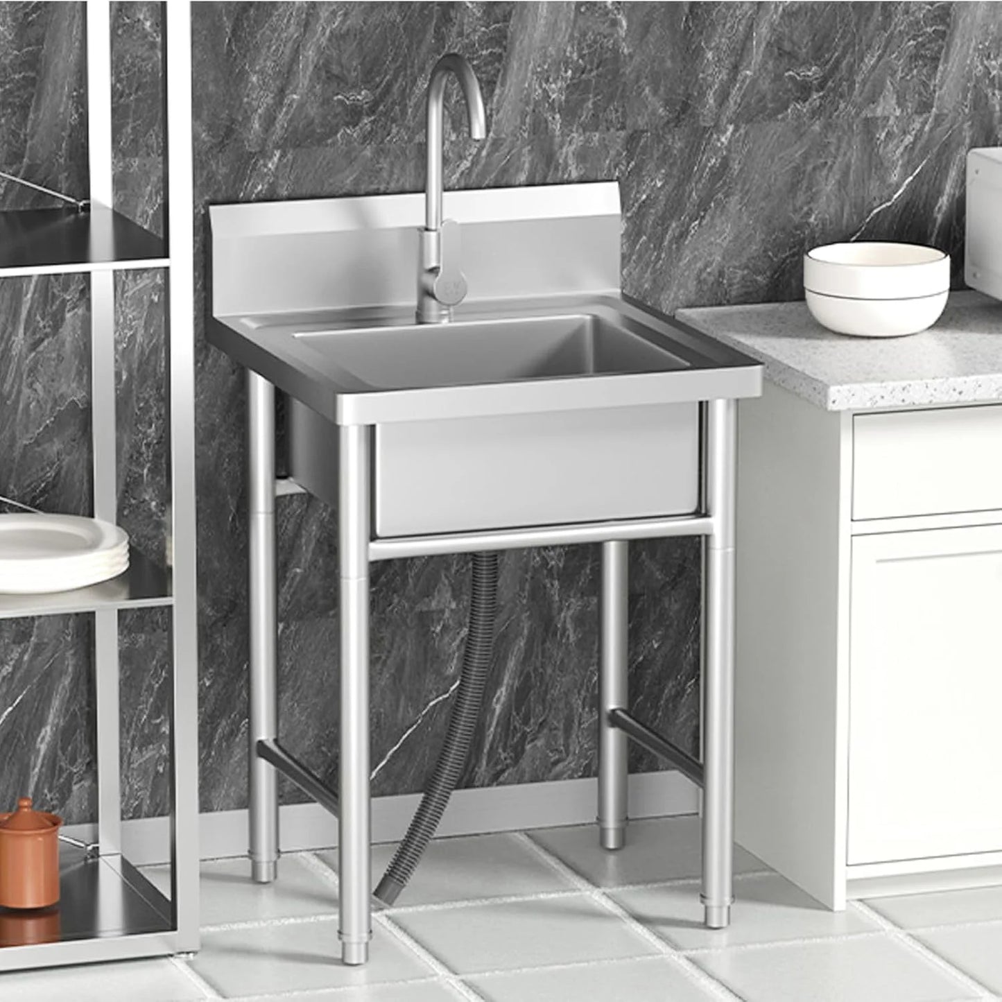 20" Stainless Steel Freestanding Utility Sink with Hot/Cold Water Faucet - Perfect for Kitchen, Bathroom, Farmhouse & Outdoor Use