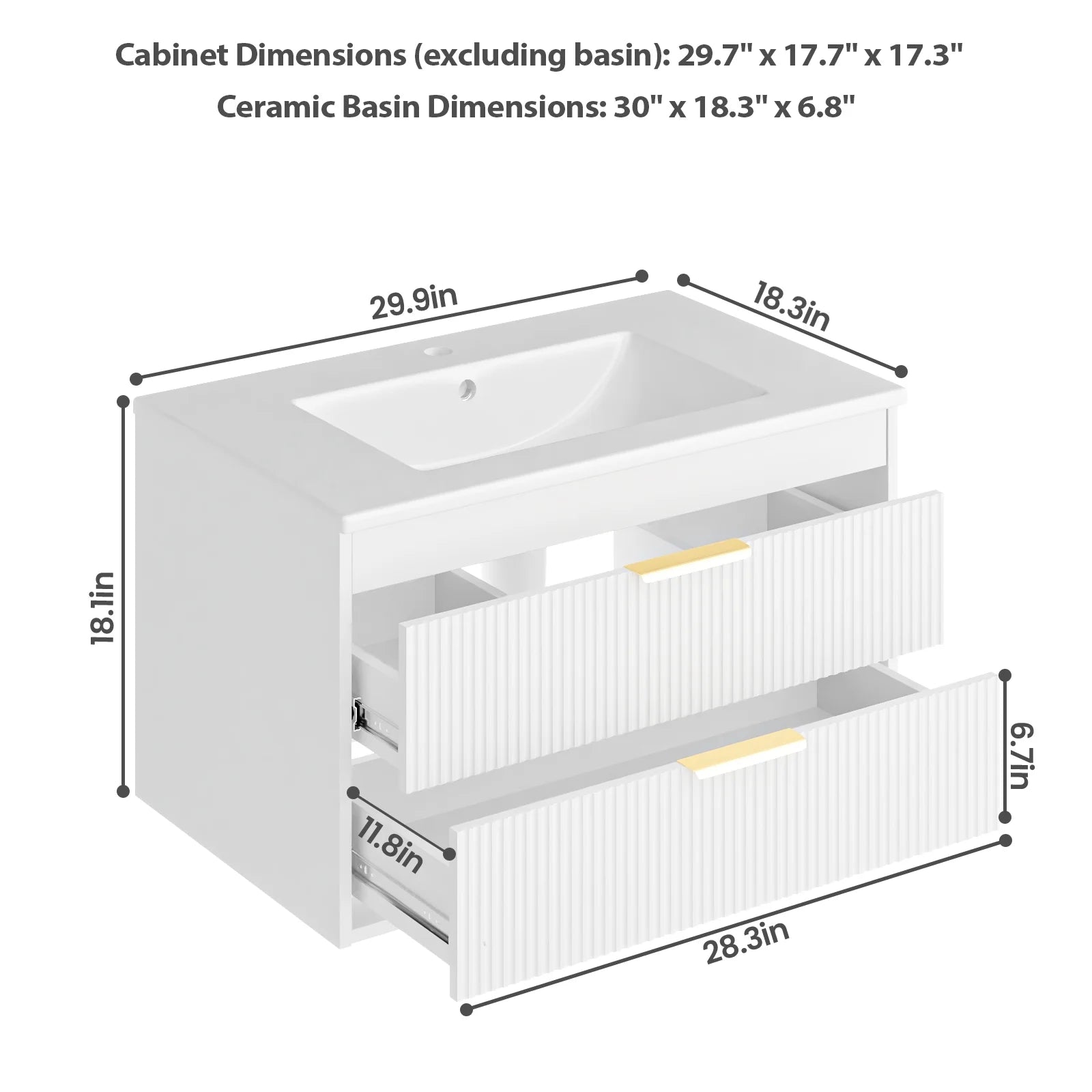 Advwin 30" Wall Mounted Bathroom Vanity with Ceramic Sink, Modern Floating Bathroom Storage Cabinet with Sensor Light & 2 Extra Large Drawers, White