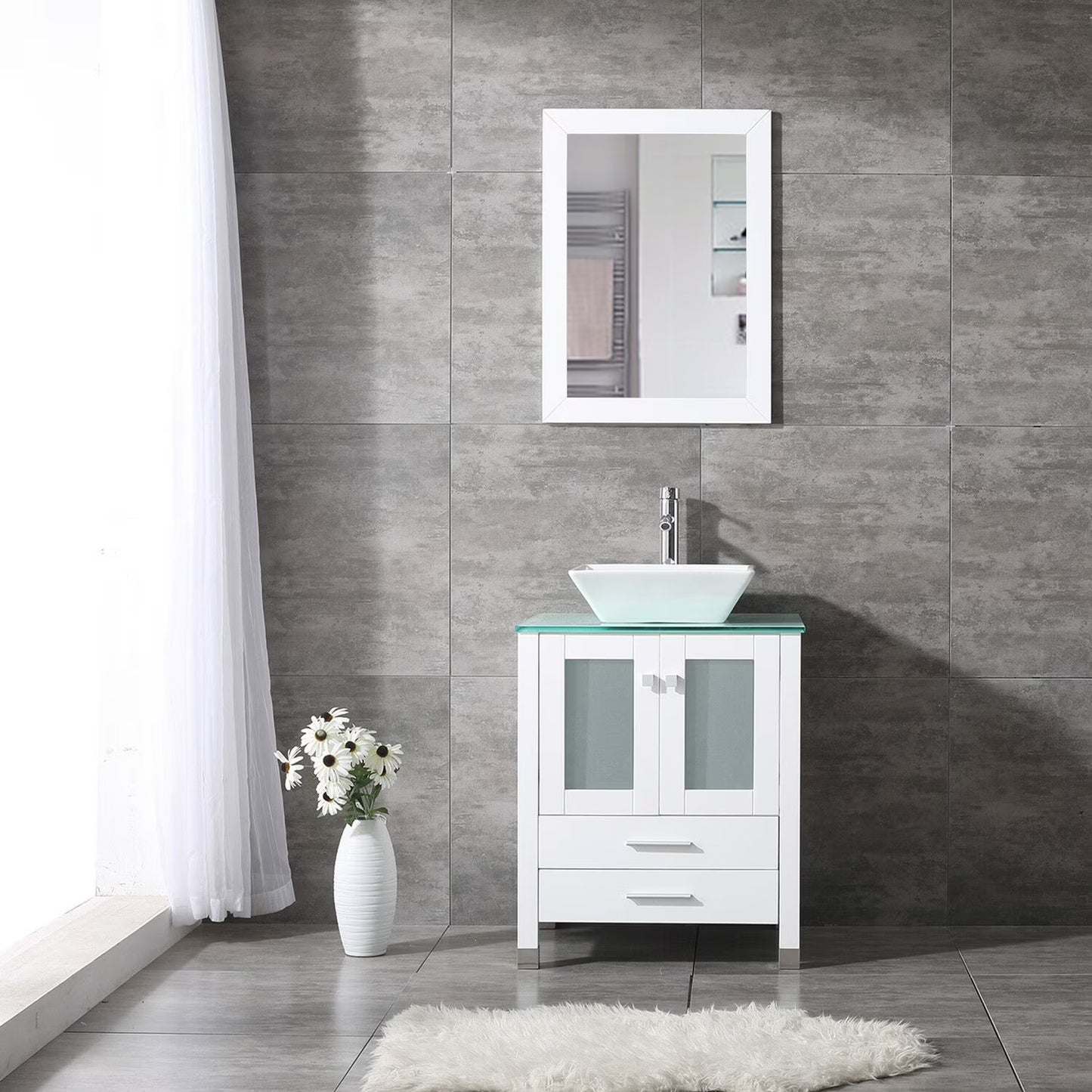Wonline 24" Bathroom Vanity Cabinet Ceramic Sink Faucet Drain Combo w/ Mirror Set White