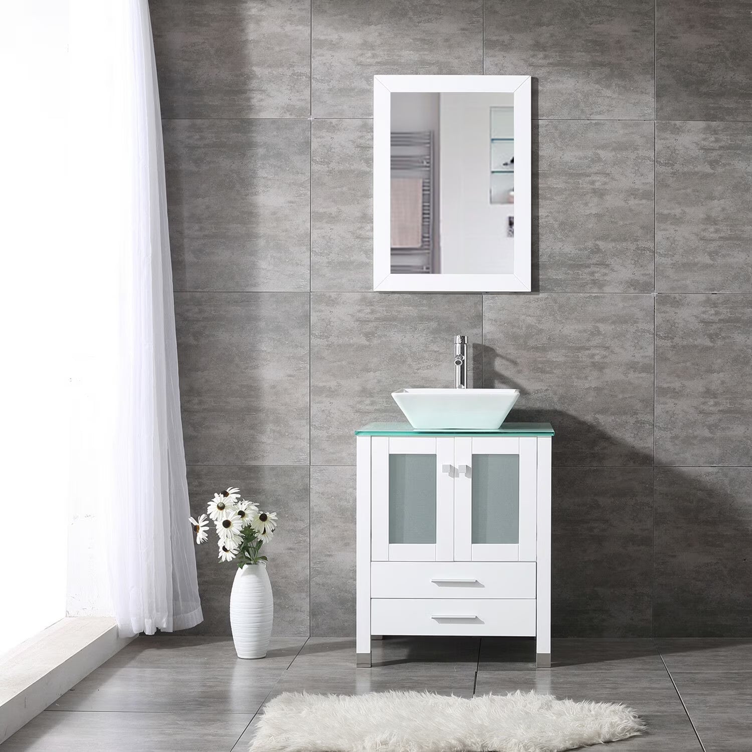 Wonline 24" Bathroom Vanity Cabinet Ceramic Sink Faucet Drain Combo w/ Mirror Set White