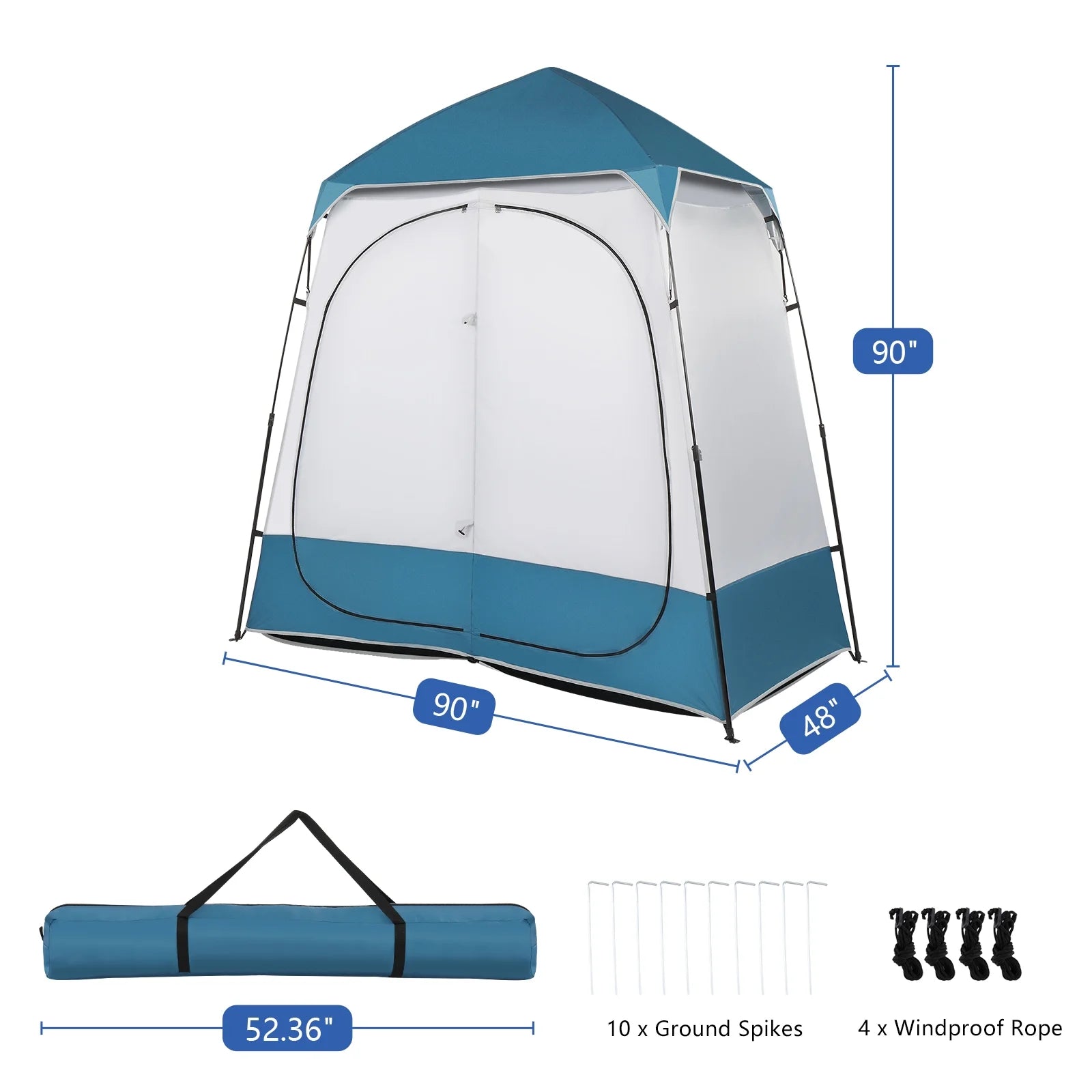 2 Rooms Camping Shower Tent, 7.5 FT Outdoor Pop up Changing 2 Room, Instant Extra Wide Privacy Shelter for Camping Dressing Toilet Bathroom with Carry Bag, Blue & White