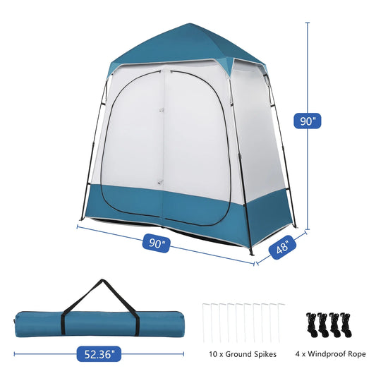 2 Rooms Camping Shower Tent, 7.5 FT Outdoor Pop up Changing 2 Room, Instant Extra Wide Privacy Shelter for Camping Dressing Toilet Bathroom with Carry Bag, Blue & White