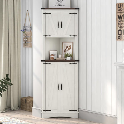 ChVans Farmhouse 68" Tall Corner Cabinet w/4 Barn Doors, 5 Tier Bookcase Storage Cabinet with Adjustable Shelves, Corner Storage Cabinet for Bathroom,Living Room,Kitchen, White-Brown