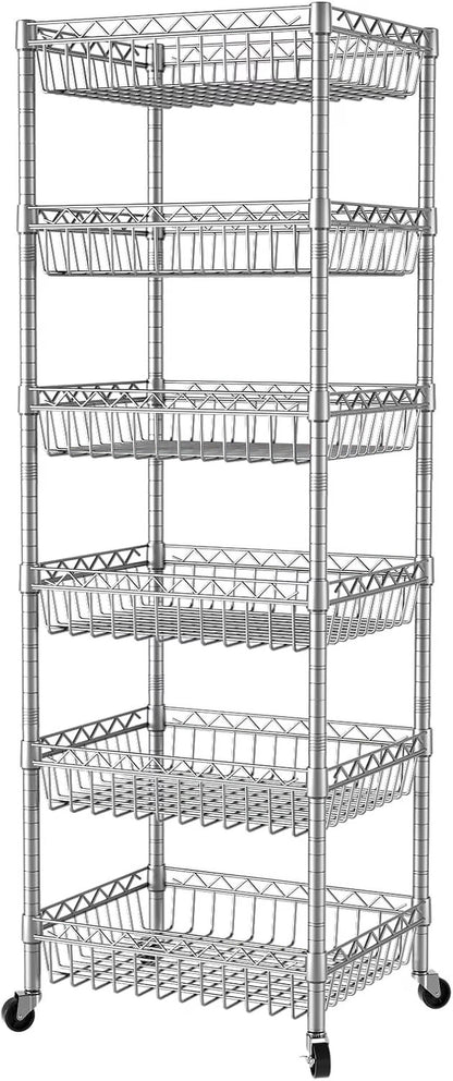 6 Tier Wire Shelving Unit with Wheels Baskets Storage Rack Corner Shelves Adjustable Shelf Closet Bathroom Organizers Metal Pantry Kitchen Garage Laundry Room 13.5" D x 13.5" W x 63" H White