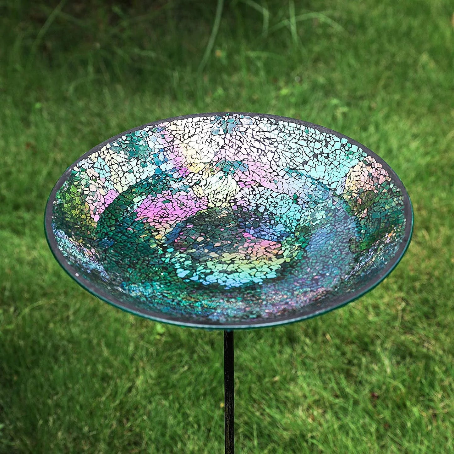 WHOLE HOUSEWARES D 13" x H 30" Birdbath/Feeder with Stake, Iridescent Crackled Glass