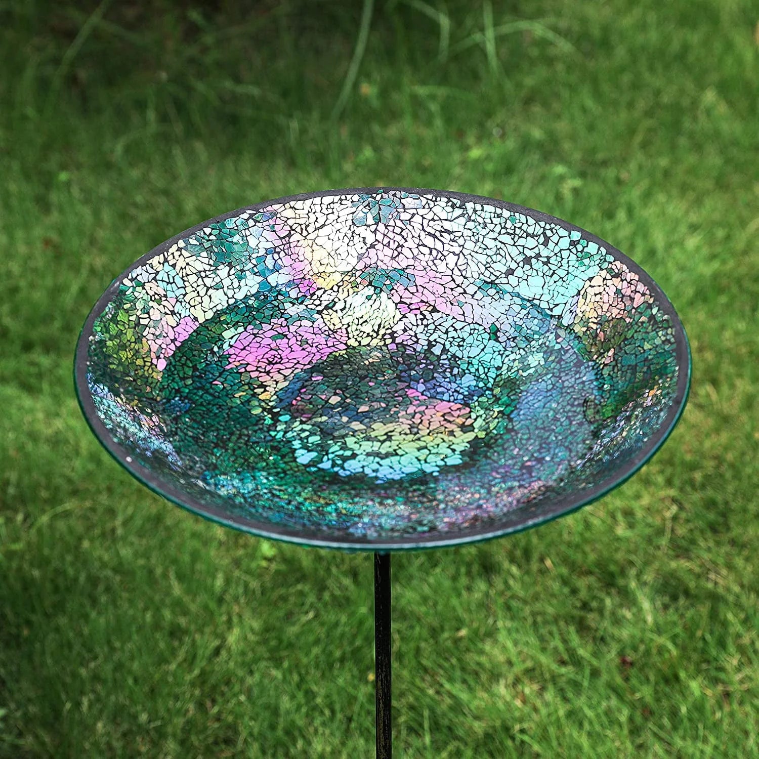 WHOLE HOUSEWARES D 13" x H 30" Birdbath/Feeder with Stake, Iridescent Crackled Glass