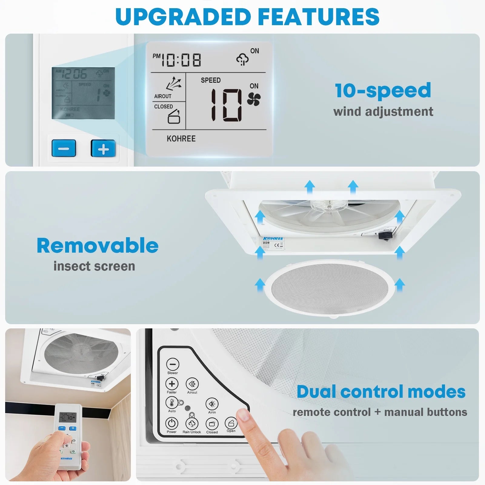 Kohree 14" RV Vent Fan,12V Super Quiet Fan-10 Speed Intake & Exhaust- with Remote Control & Sealing tape for Camper Trailer Bathroom,Light Blue