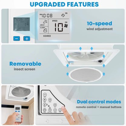 Kohree 14" RV Vent Fan,12V Super Quiet Fan-10 Speed Intake & Exhaust- with Remote Control & Sealing tape for Camper Trailer Bathroom,Light Blue