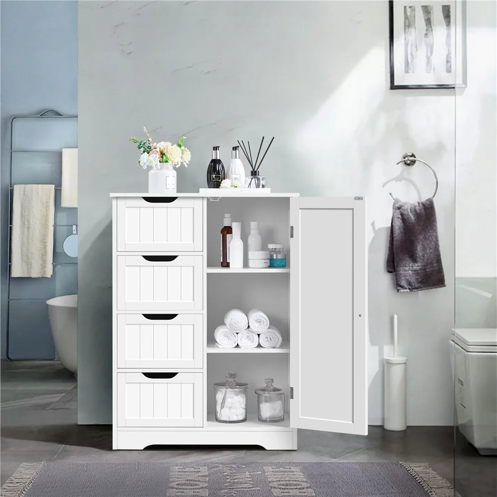 Yaheetech Wooden Free-Standing Bathroom Floor Cabinet with Drawers and Cupboard, White