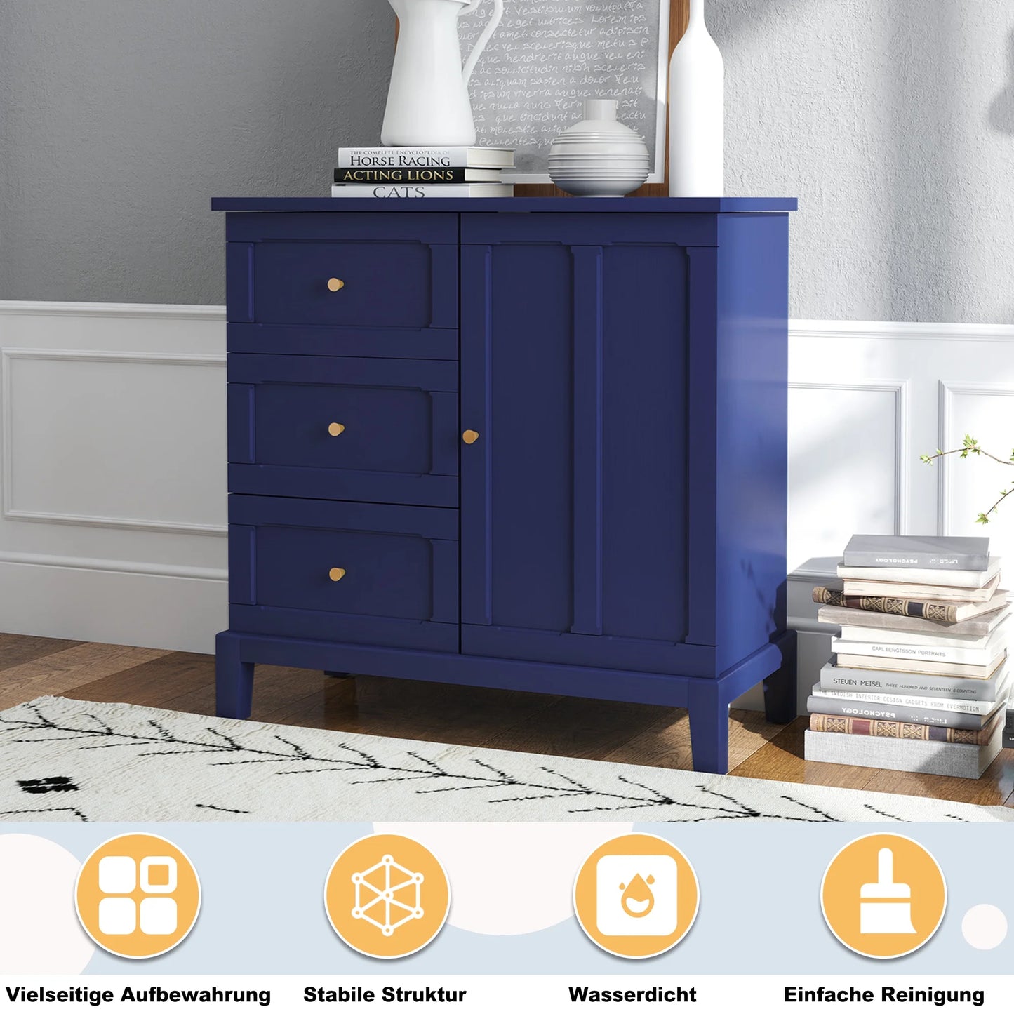 CBJCBJ 31.7"Storage Cabinet, Classical 3 Drawers & 1 Door Design with Gold-Tone Handles, Multi-Use Organizer for Living Room, Kitchen, Bathroom��BLUE)