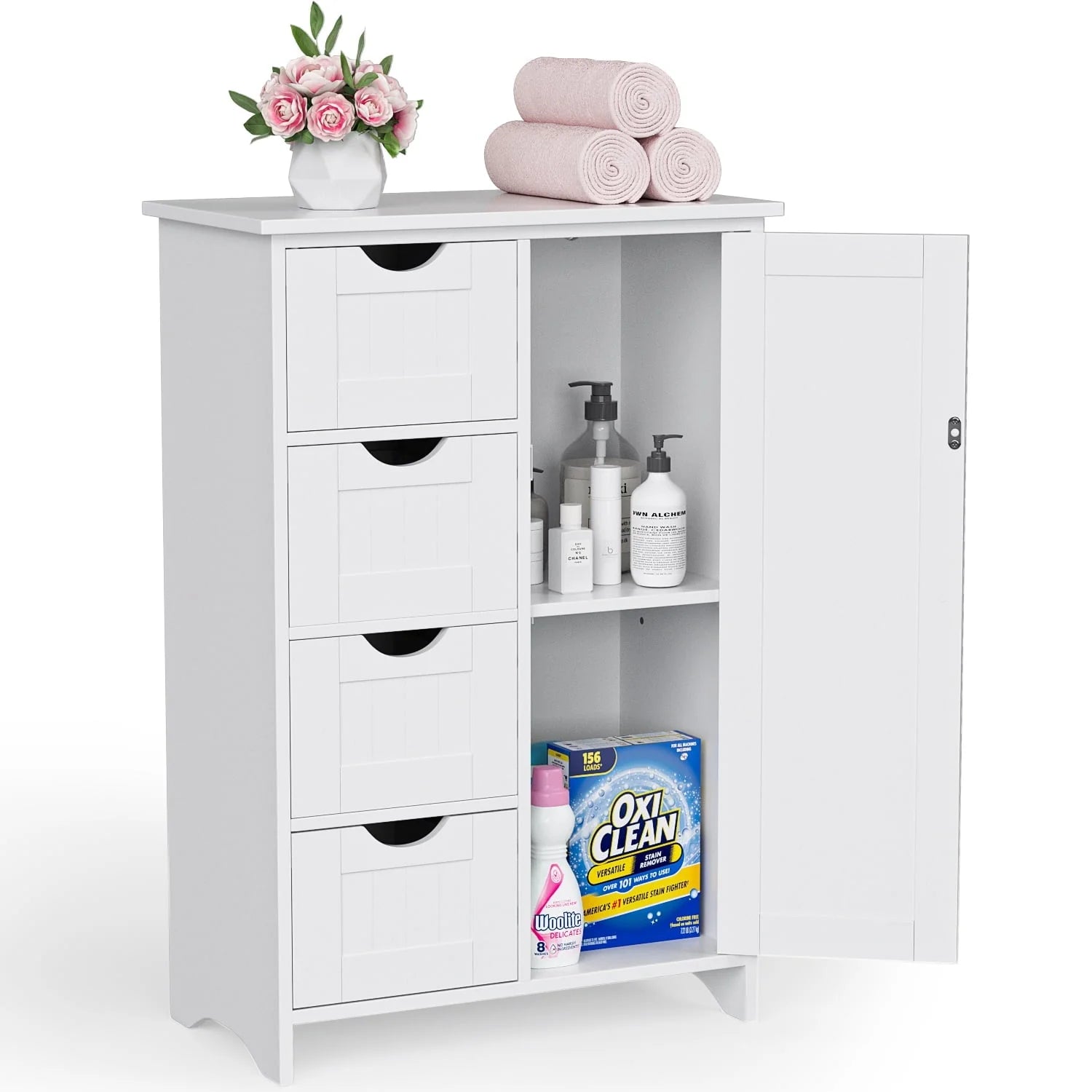 Homall Wooden Bathroom Cabinet, Freestanding Storage Cabinet with 4 Drawers and 1 Cupboard, Side Storage Organizer Cabinet for Bathroom, Entryway, Home and Kitchen (White)