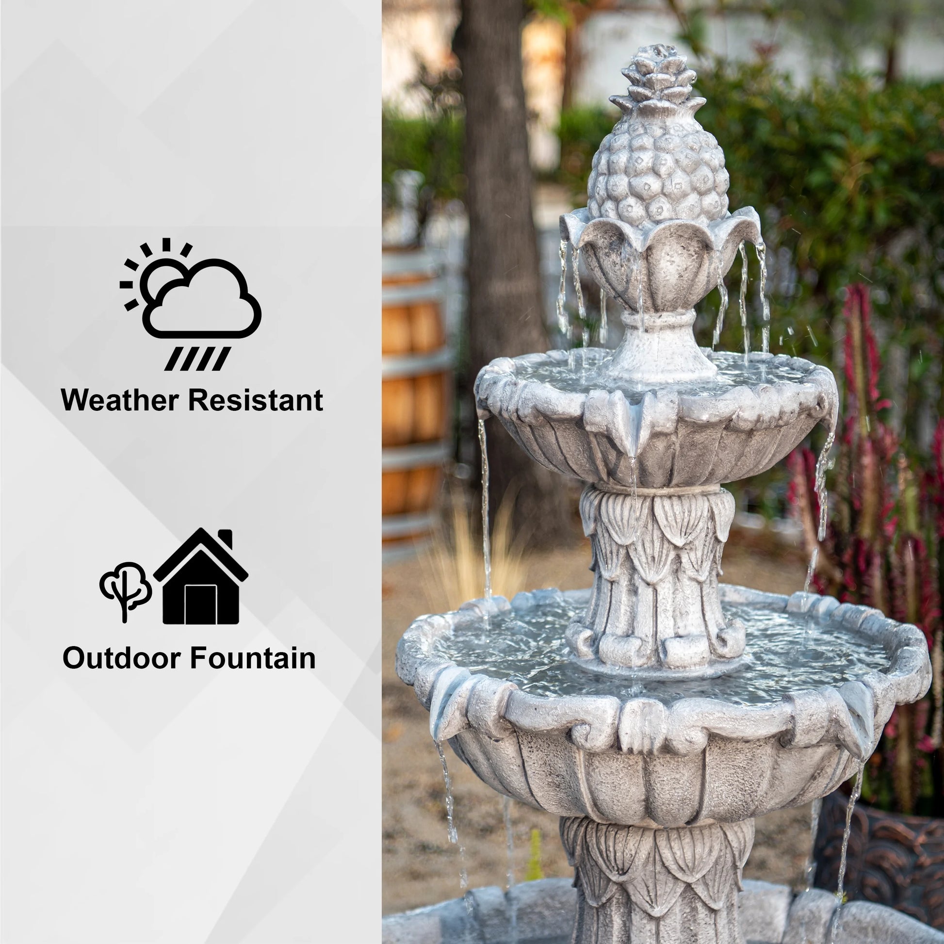 XBrand 58.3" 3-Tier Outdoor Freestanding Water Fountain - Classic Leaf Design, Gray Resin, Large Bird Bath with Pump - Ideal for Yard, Lawn and Garden, Porch Décor