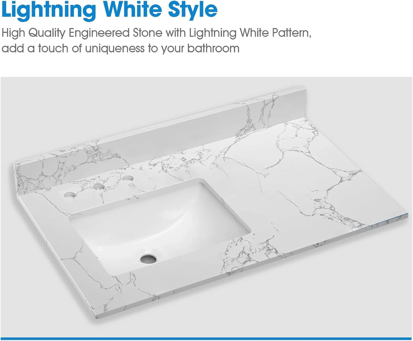 36x22 Engineered Stone Vanity Sink Top, White Bathroom Countertop with Undermount Left Sink, Vanity Top with 8 inch 3 Faucet Hole Spacing and Backsplash