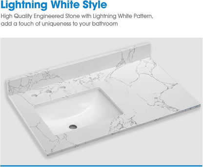 36x22 Engineered Stone Vanity Sink Top, White Bathroom Countertop with Undermount Left Sink, Vanity Top with 8 inch 3 Faucet Hole Spacing and Backsplash