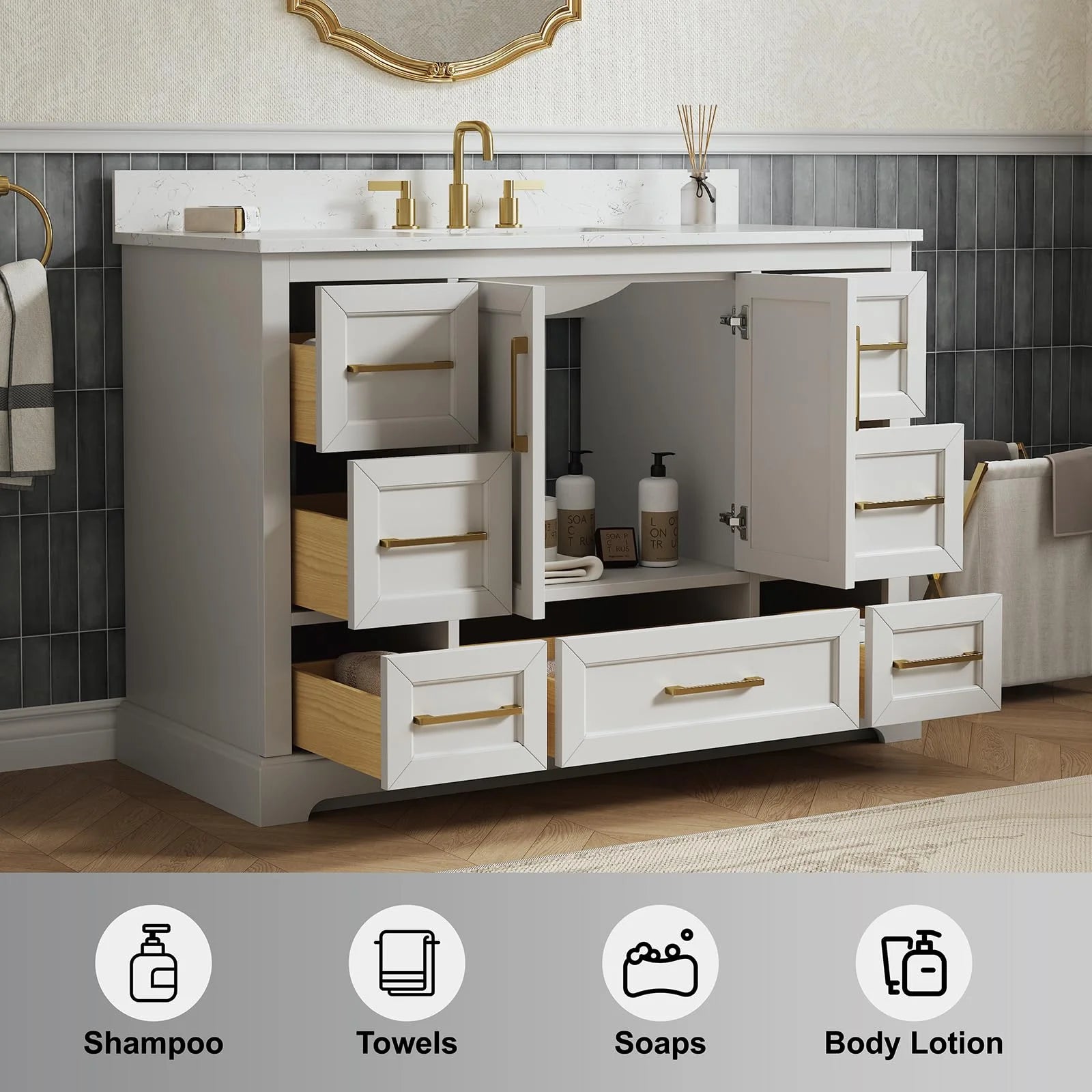 Deluxe Living 48" Bathroom Vanity with Marble Top, Fully-Assembled vanity with Ceramic Sink,Solid Wood Frame,Greige White