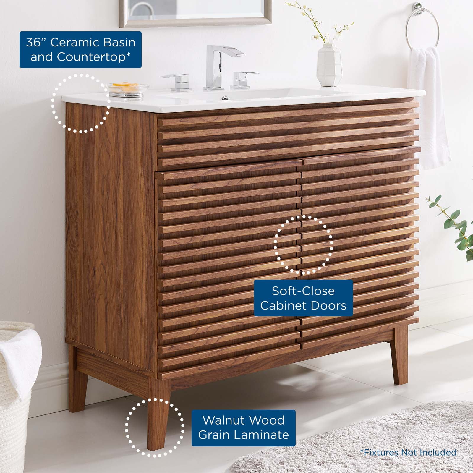 Modway Render 36" Bathroom Vanity in Walnut White