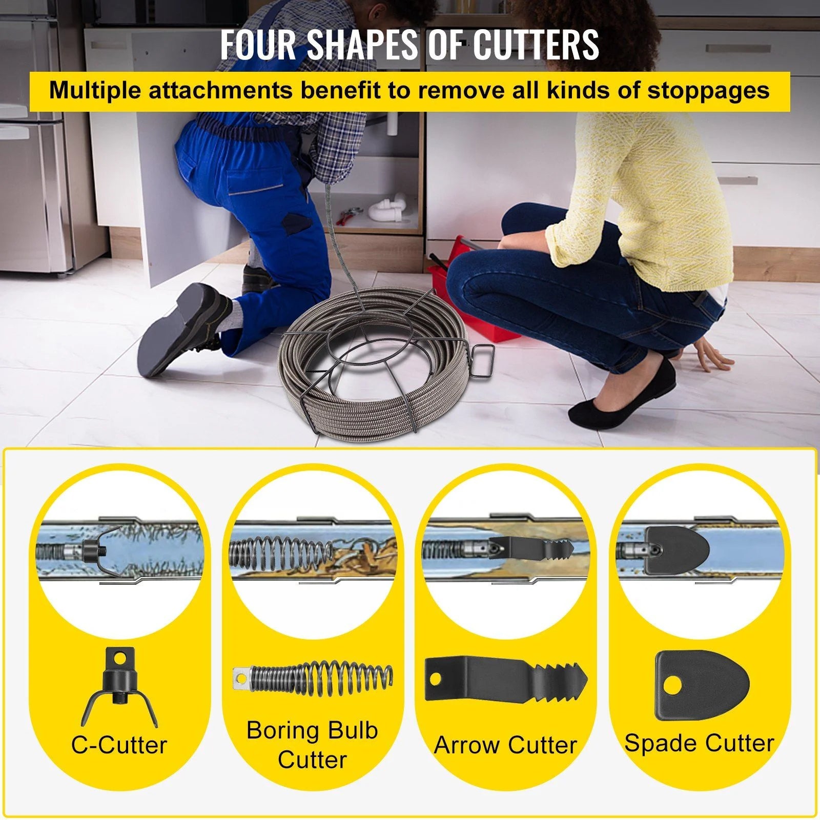 1/2 x 100ft Solid Drain Spiral Cable - Heavy Duty Serpentine Pipe for Kitchen/Bathroom Sink Clogged, Sewer Cleaning Tool