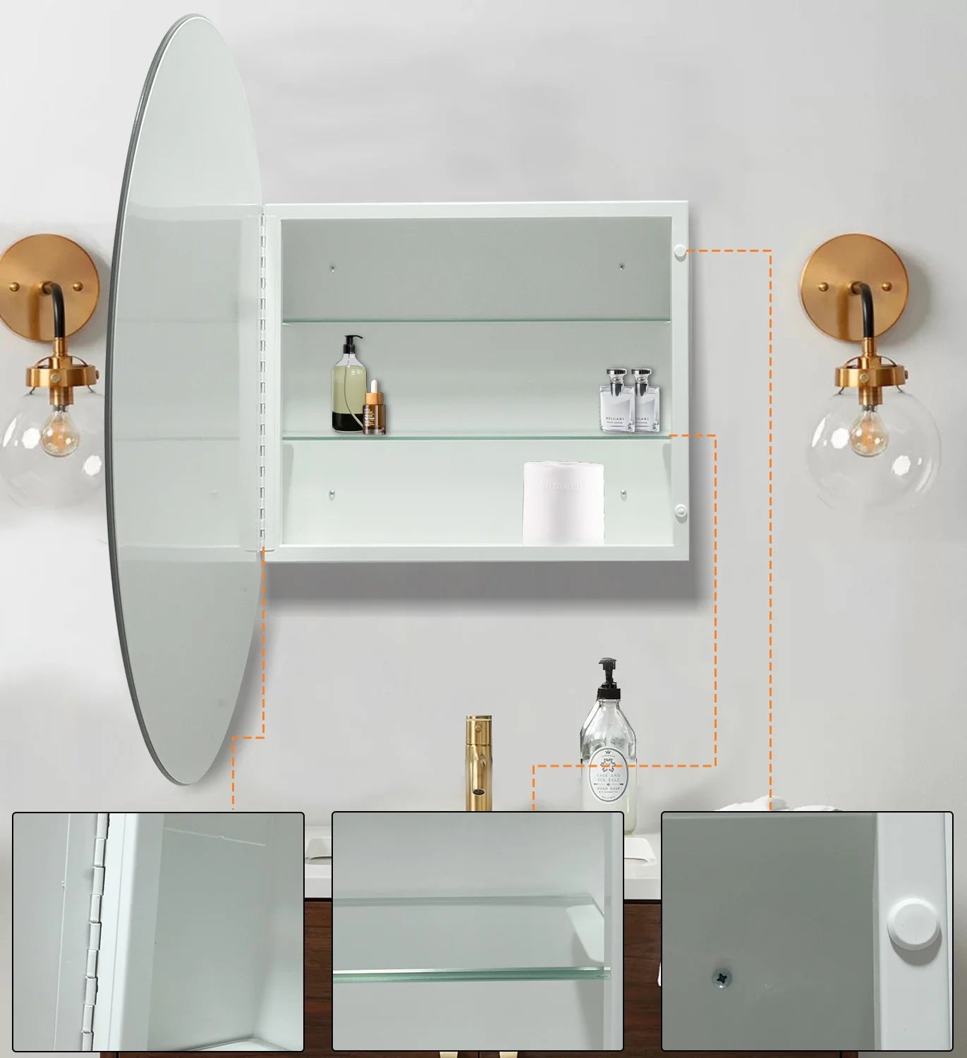 FUMANGO Medicine Cabinet Round Bathroom Cabinet Mirror, Circular Storage Cabinet Round Frameless Mirror Cabinet with Surface Mounted