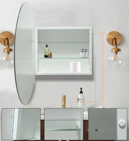 FUMANGO Medicine Cabinet Round Bathroom Cabinet Mirror, Circular Storage Cabinet Round Frameless Mirror Cabinet with Surface Mounted