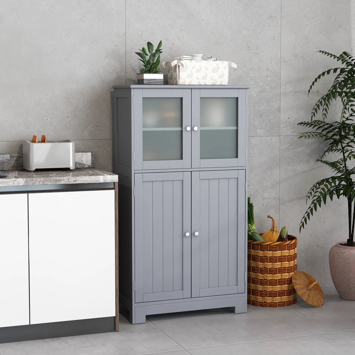 Topbuy Bathroom Storage Cabinet Freestanding Storage Cabinet w/ 4 Doors Wooden Kitchen Cupboard w/ Adjustable Shelf