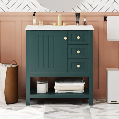 30" Transitional Green Bathroom Vanity with Sink Combo, Solid Wood Storage Cabinet featuring Soft Close Doors & 2 Drawers, Open Shelf, Waterproof Design & Easy Assembly for Modern Bathrooms