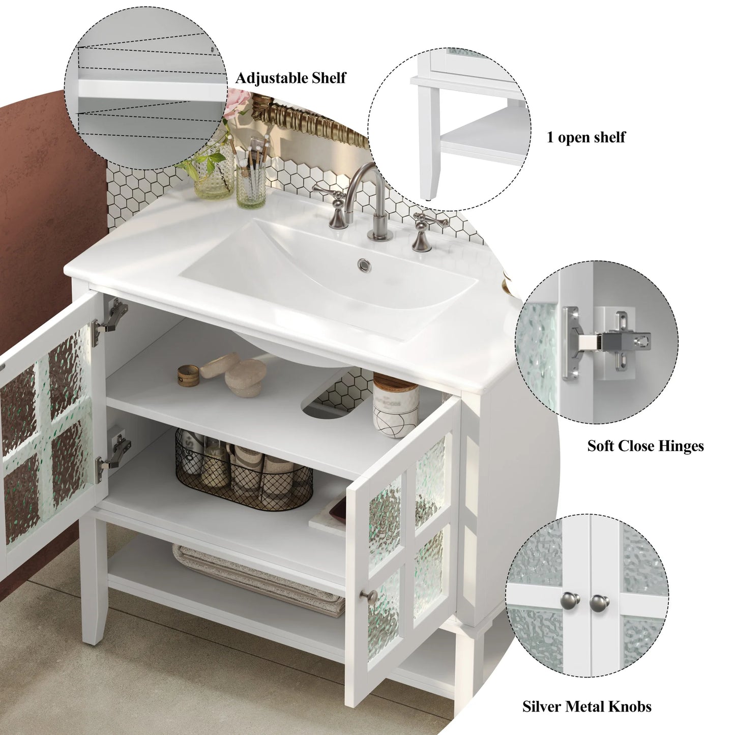 Christopher Knight Home 36" Bathroom Vanity with Sink, Textured Glass Doors, Open Shelf, White