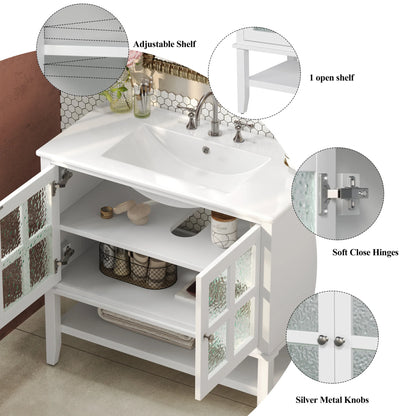 Christopher Knight Home 36" Bathroom Vanity with Sink, Textured Glass Doors, Open Shelf, White