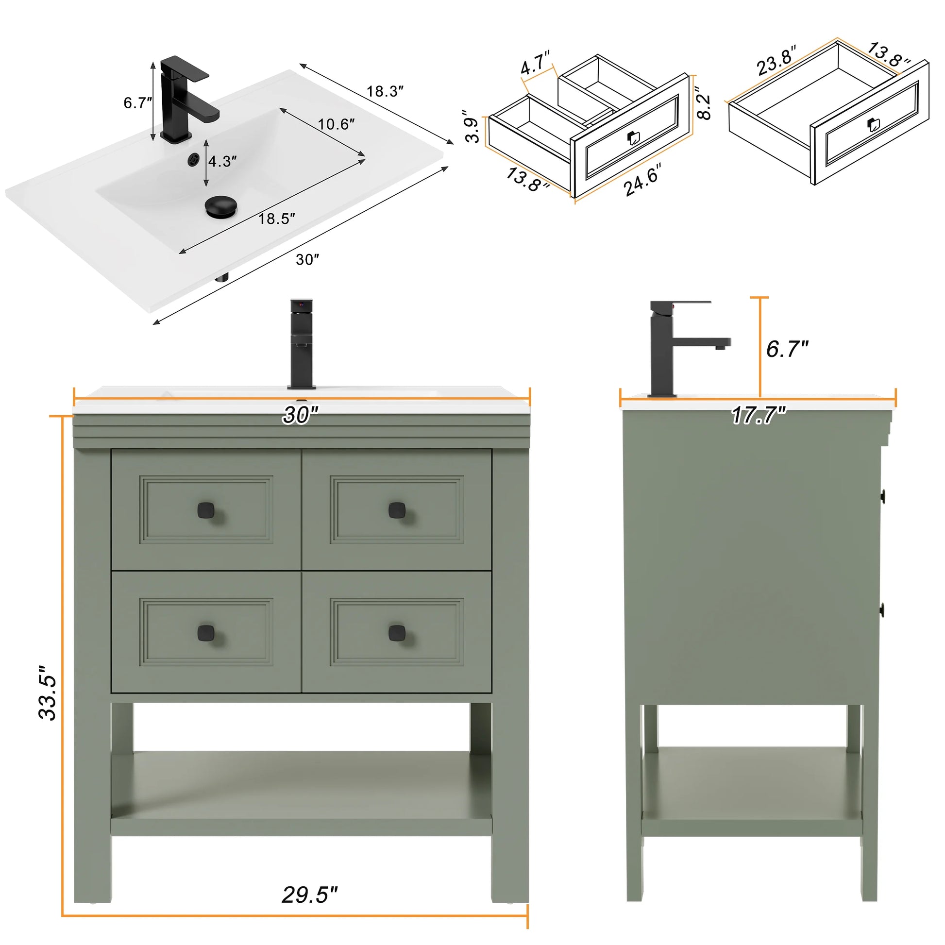 Eclife 30" Single Bathroom Vanity With Ceramic Sink Top, 2 Smooth Drawers, Faucet