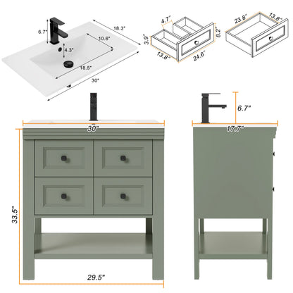 Eclife 30" Single Bathroom Vanity With Ceramic Sink Top, 2 Smooth Drawers, Faucet