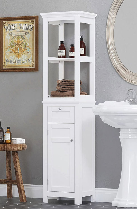 Spirich Home Bathroom Freestanding Storage Cabinet with Two Tier Open Shelves, Tall Slim Cabinet with Door and Drawer, Free Standing Linen Tower 15.75 ''(White with Drawer)