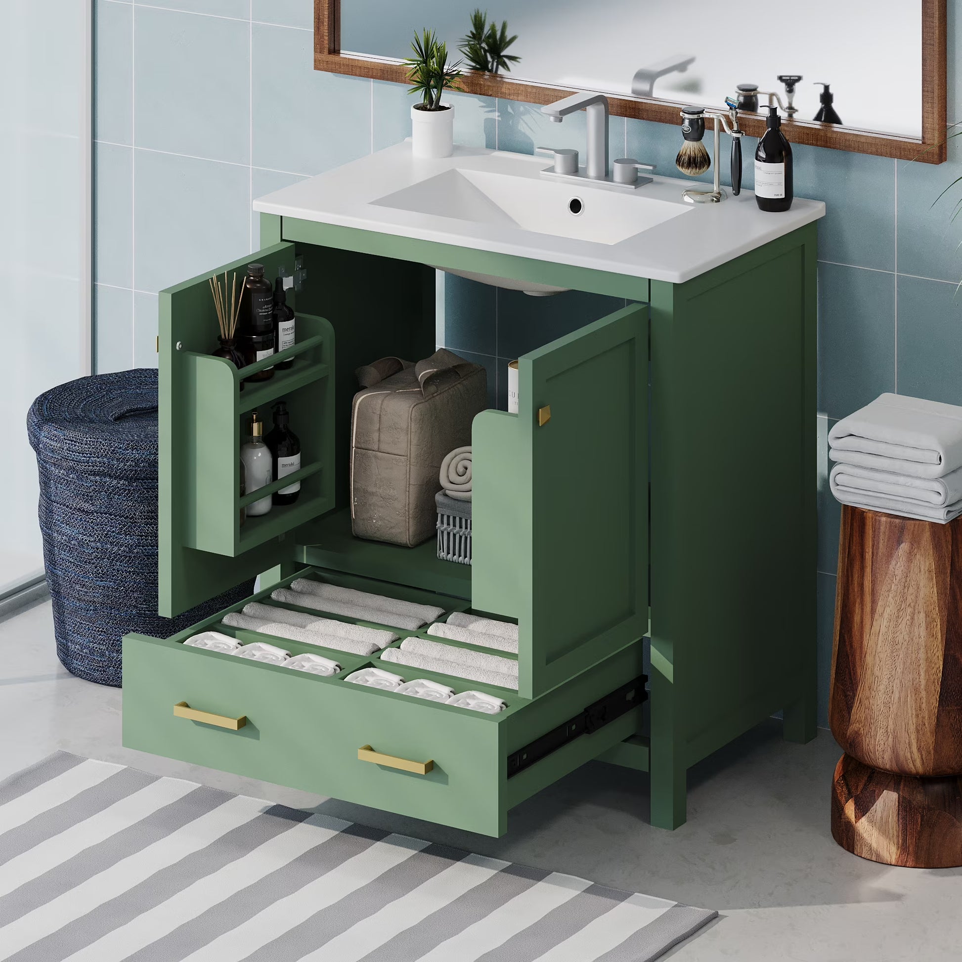 Harper & Bright Designs 30" Bathroom Vanity with Sink Combo, Bathroom Cabinet with Ceramic Top, Multifunctional Storage Doors and Drawer, Green