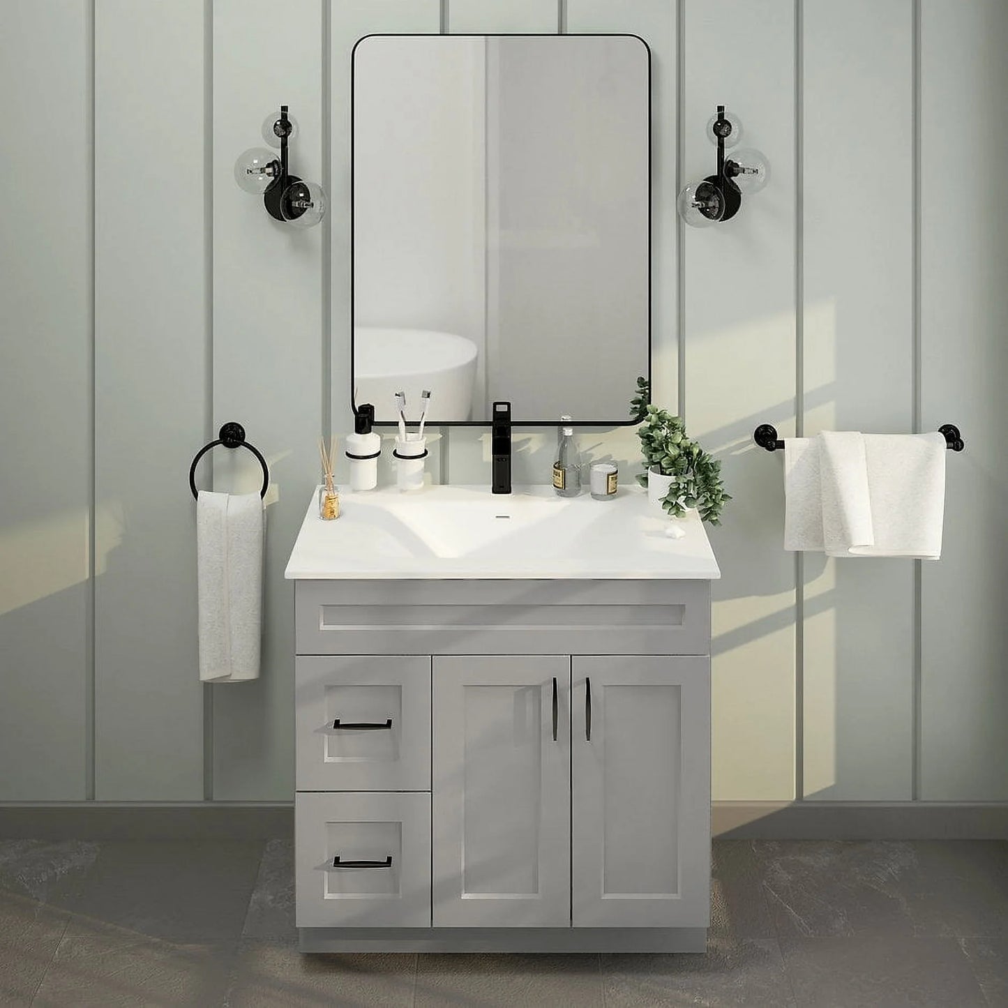 Light Grey Shaker Bathroom Vanity Sink Base with Drawers 36" Ready-to-Assemble Cabinet