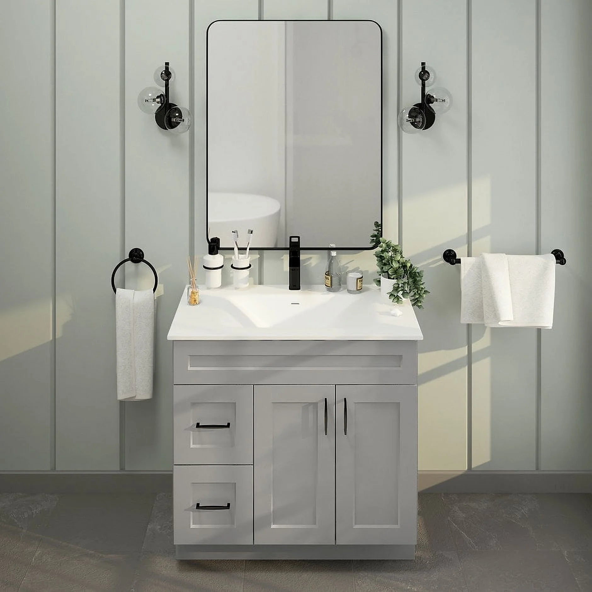 Light Grey Shaker Bathroom Vanity Sink Base with Drawers 36" Ready-to-Assemble Cabinet