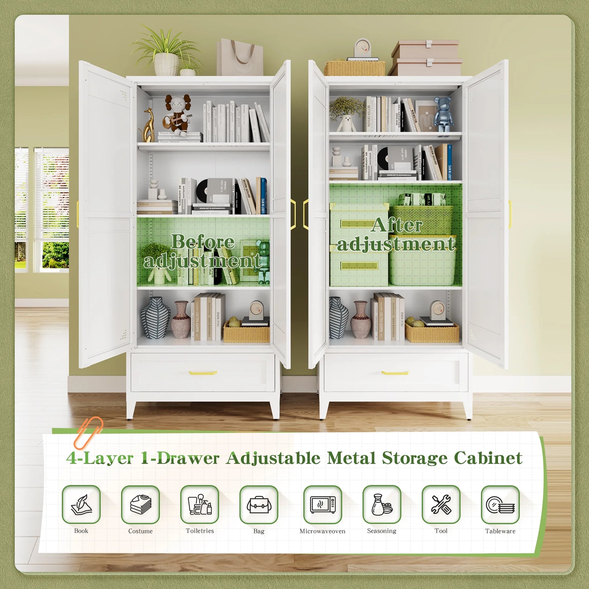 NadooLite 71"H White Metal Storage Cabinet with Adjustable Shelves, 2 Doors & 1 Drawers, Multi-Use Organizer for Garage,Dining,Bath,Laundry,Pantry