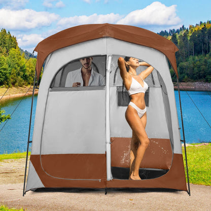 GFNXYI Brown 2-Person Shower Tent, Dual-Room Outdoor Privacy Tent with Stakes & Ropes, Portable Camping Bathing Changing Tent, Water-Resistant Sunshade Camp Shelter