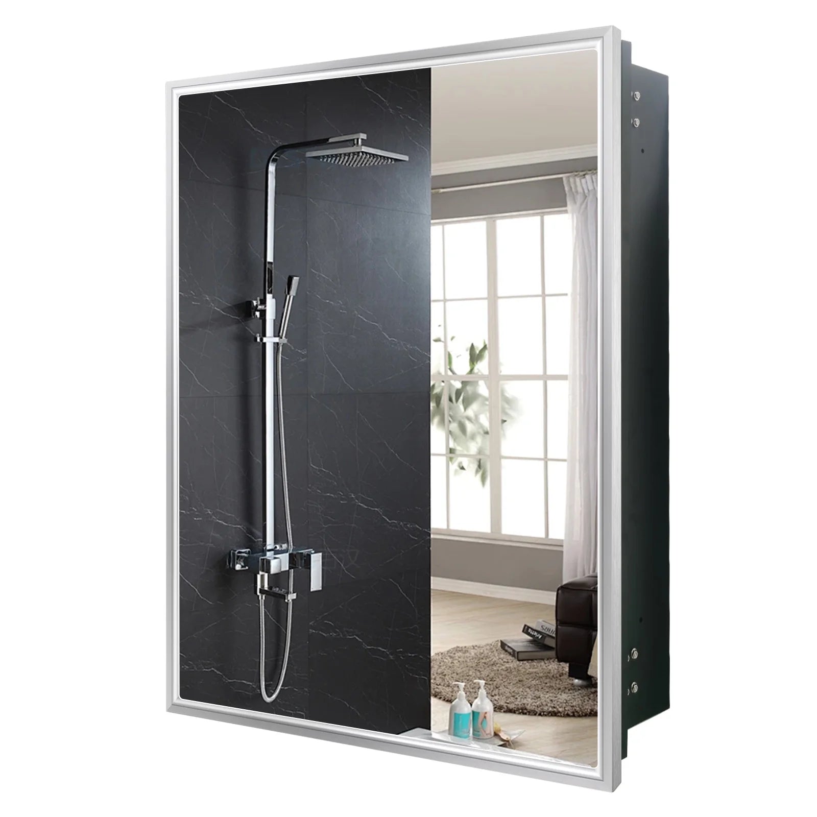 FUMANGO Bathroom Medicine Cabinet with Aluminum Framed Mirror,24"x30" Surface Mount or Recessed Mount Bathroom Vanity Mirror,Single Door Bathroom Mirror with Storage Cabinet
