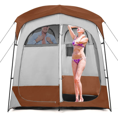 GFNXYI Brown 2-Person Shower Tent, Dual-Room Outdoor Privacy Tent with Stakes & Ropes, Portable Camping Bathing Changing Tent, Water-Resistant Sunshade Camp Shelter
