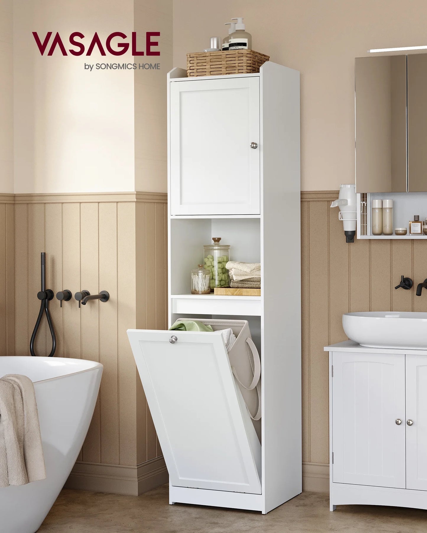 Multi-Functional Tall Bathroom Cabinet with Removable Laundry Basket and Adjustable Shelves - Organize Your Bathroom Efficiently