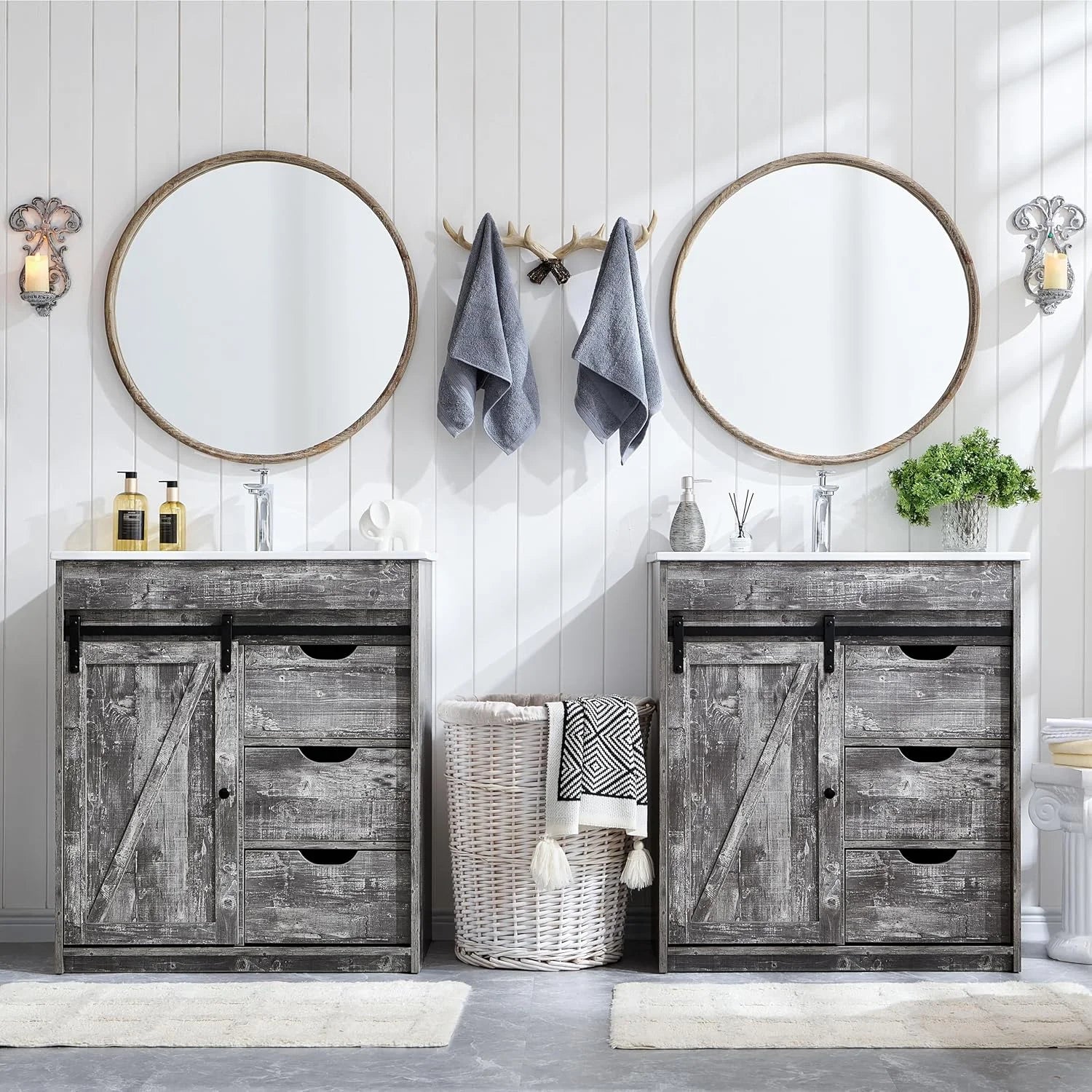 MIHOVER 30" Farmhouse Bathroom Vanity with Sink, Bathroom Dresser with 3 Drawers & Adjustable Shelves