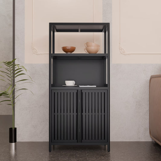 Yoneston 4-Tier Bamboo Bathroom Shelf Storage Cabinet, Freestanding Floor Cabinet with 2 Doors, Display Shelves for Living Room, Black