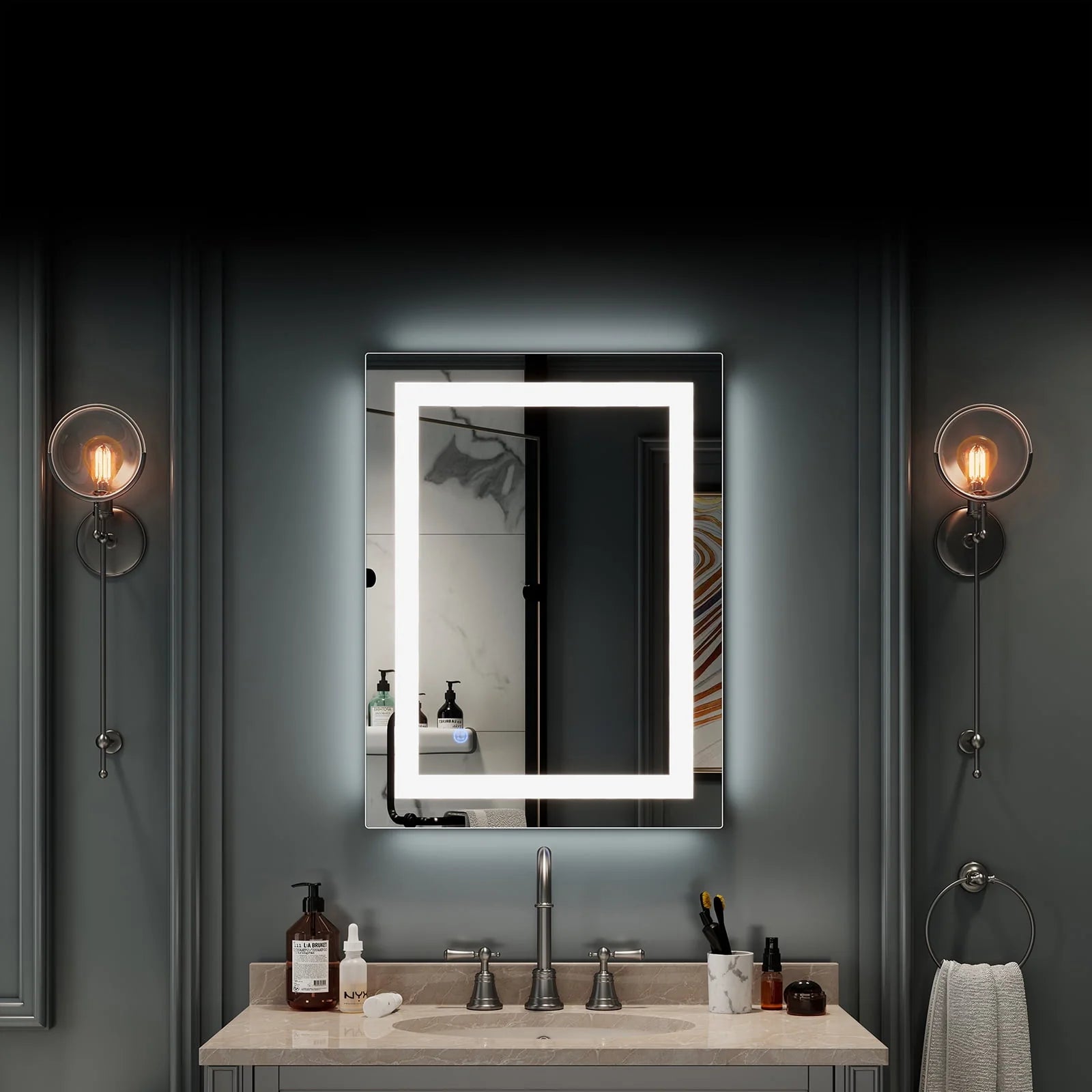 Zimtown Touch LED Bathroom Mirror Rectangle Light Strip Lighted Mirror 32x24 Silver