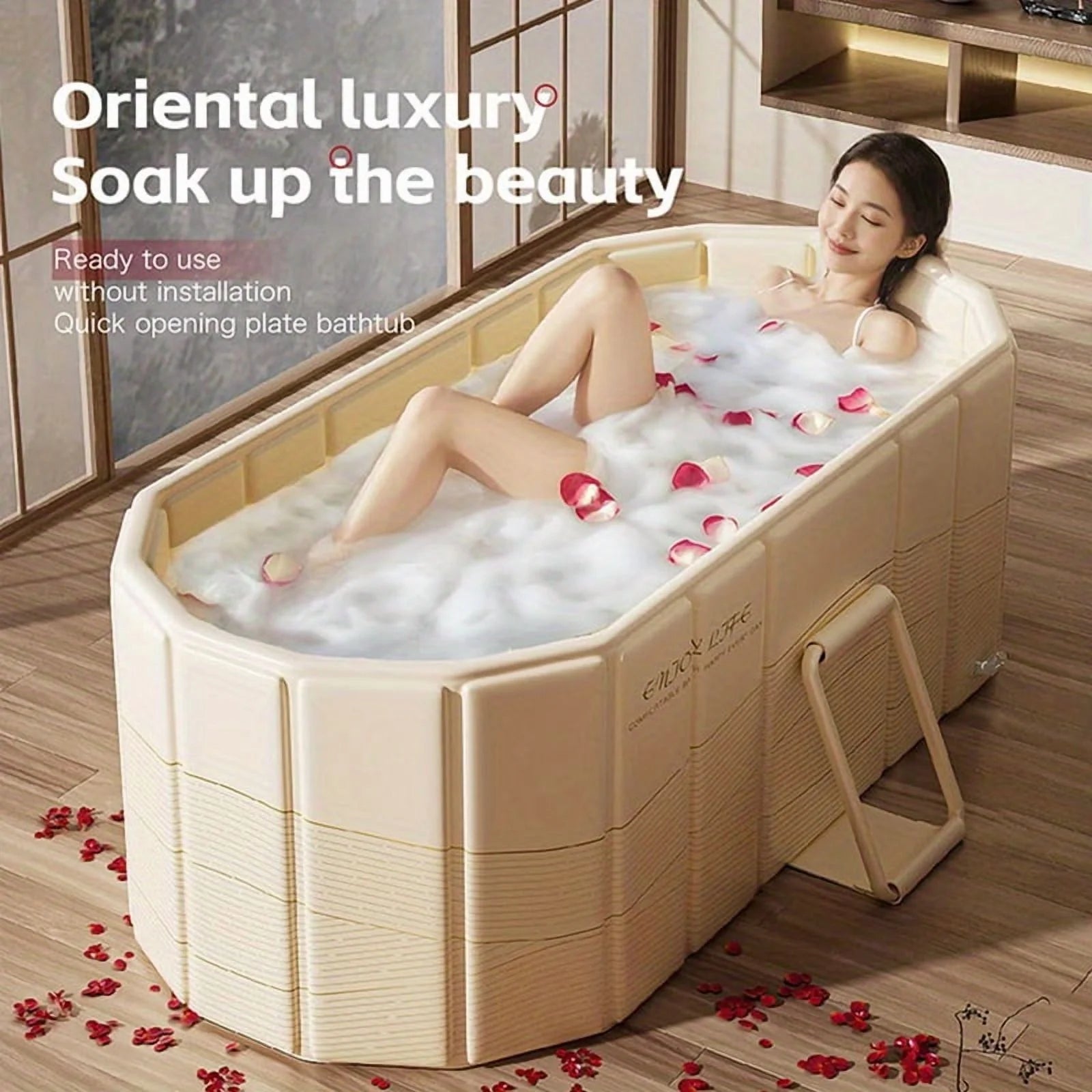 Foldable Portable Hot Tub - Large Collapsible Spa with Non-Slip Mat, 5 Bath Bags & Drain Pipe - Perfect for Adults & Families