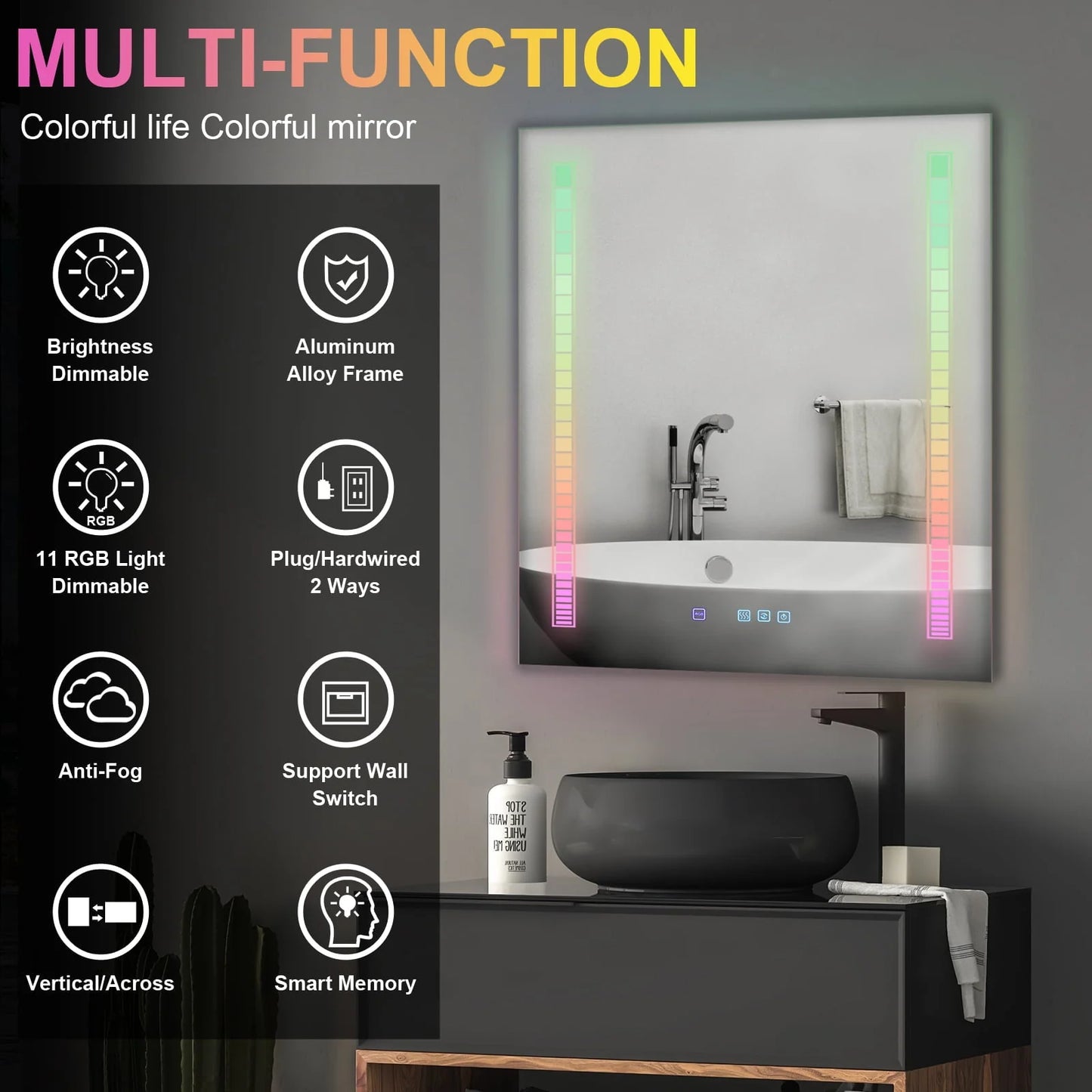 Ktaxon RGB LED Bathroom Mirror, Wall-Mounted Vanity Mirror with Lights, Wall Mirror Hanging Mirror with Anti-Fog Dimmable, Power-Off Memory, 36"x28" Silver