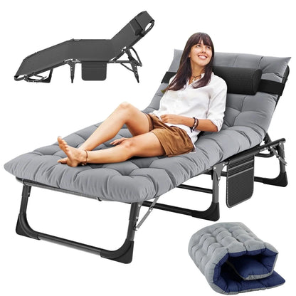 MOPHOTO 75" Adult Camping Cot Folding Cot, Portable Heavy Duty Adjustable 4-Position Sleeping Bed, Outdoor Patio Folding Lounge Chair for Sunbathing with Mattress