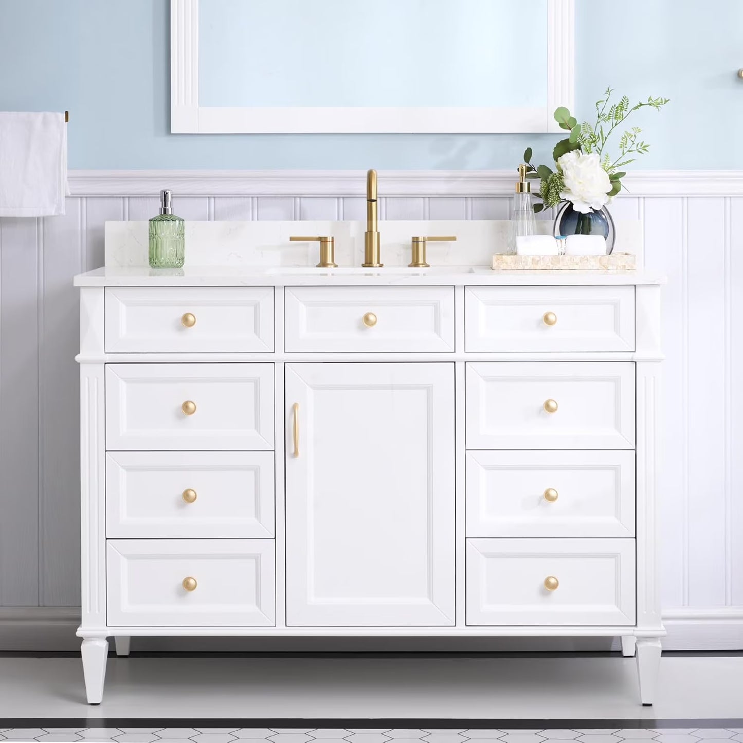 FORCLOVER 36" Bathroom Vanity with Sink Top Combo Set, Freestanding Solid Wood Bathroom Makeup Cabinet W/ 1 Soft-Close Door and 3 Soft-Close Drawers, Carrara White Quartz Countertop, Grey