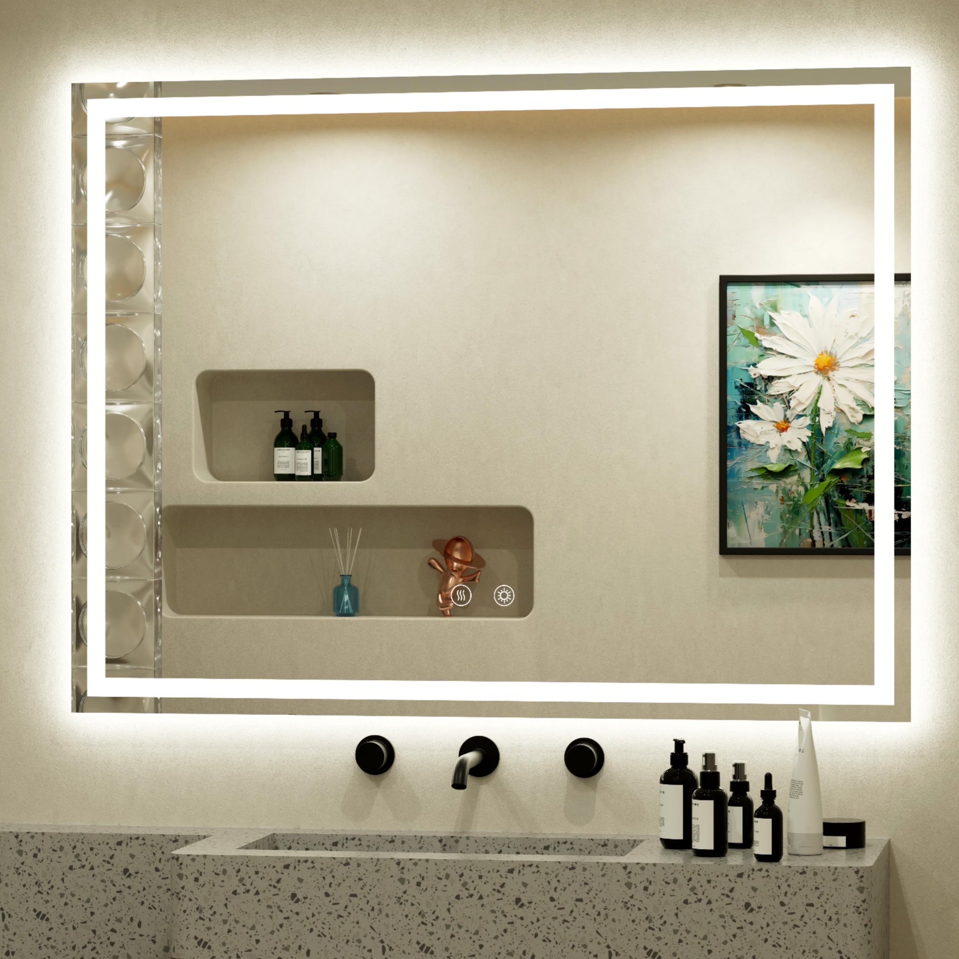 JSneijder 40x32 inch LED Bathroom Mirror, Wall Mounted Frameless Lighted Bathroom Mirror, Dimmable, Anti-Fog, Horizontal/Vertical