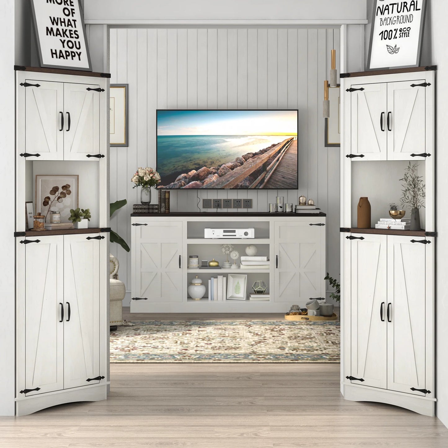 ChVans Farmhouse 68" Tall Corner Cabinet w/4 Barn Doors, 5 Tier Bookcase Storage Cabinet with Adjustable Shelves, Corner Storage Cabinet for Bathroom,Living Room,Kitchen, White-Brown