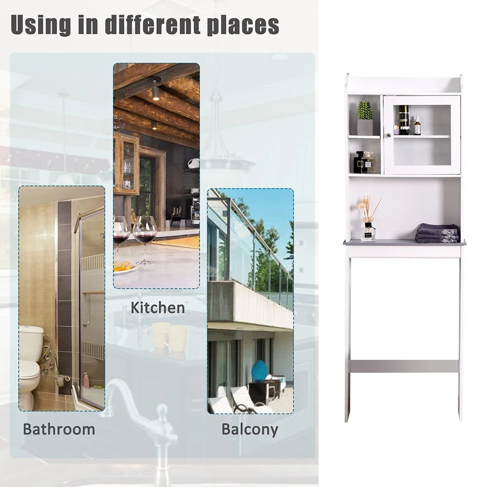 Over-The-Toilet Space Saver, Bathroom Storage Cabinet, Toilet Organizer with Adjustable Shelves and Door Cabinet, Wooden Behind Toilet Storage for Space Saving, Easy Assembly - White, K3822