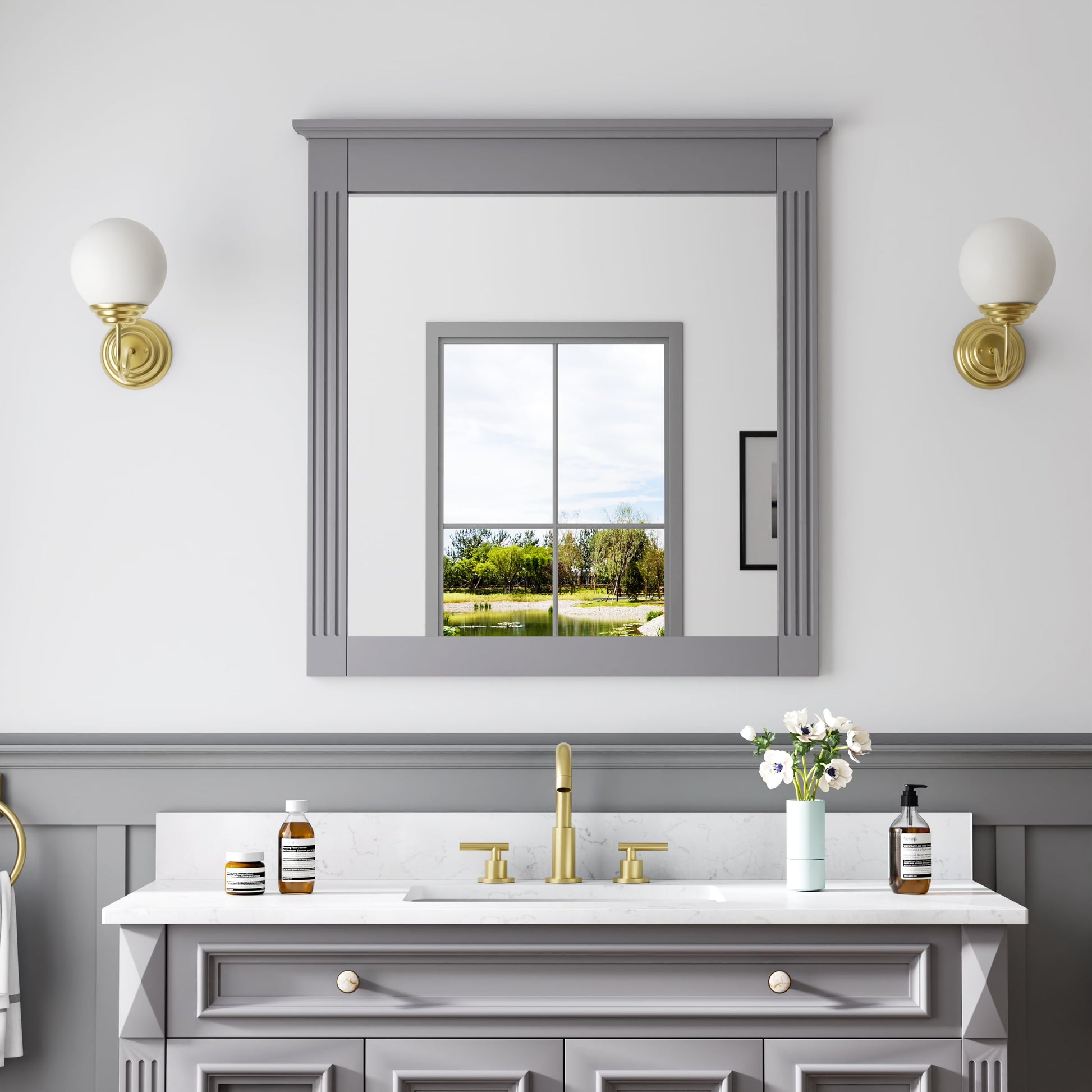 ANGELES HOME 33" x 32" Wall-Mounted Vanity Mirror, Solid Wooden Framed Makeup Mirror, Bathroom Wall Mirror for Bedroom Living Room Entryway, White